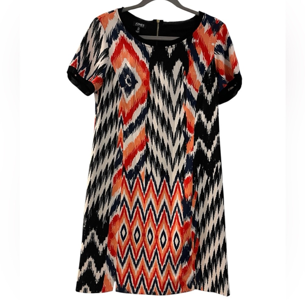 Jones New York Geometric Tribal Aztec Dress- Ikat Pattern Chevron Print Lined